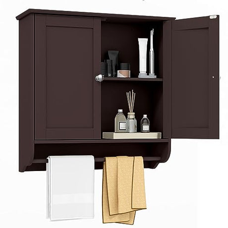 Tangkula Bathroom Cabinet Wall Mounted, Bathroom Medicine Cabinet with Bar&Double Door&Adjustable Shelf, Over The Toilet Storage Cabinet, Hanging Cabinet for Bathroom Laundry Kitchen (Brown) Tangkula