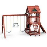 Gorilla Playsets 01-0021 Nantucket II Wood Swing Set with Wood Roof, Two Swings, Slide, Sandbox Area, Rock Wall, Redwood Color Gorilla Playsets