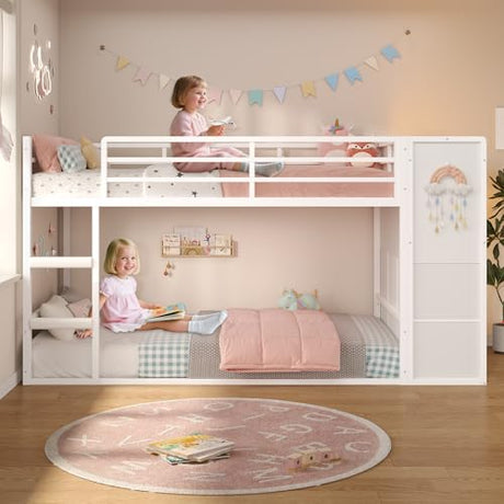 BTHFST Bunk Bed Twin Over Twin with 6 Large Fabric Drawers & 4 Wooden Storage Bookshelf Organizer, Metal Low Bunk Bed for Kids with LED Lights & Safety Ladder and Guardrail, Space Saving BTHFST