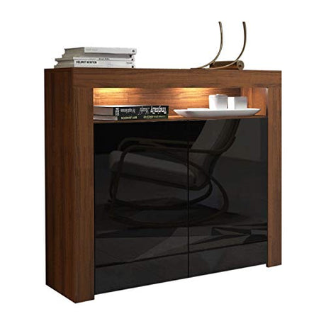 Milano 42" Modern Sideboard with High Gloss Doors and 16-Colour LED Lights in Walnut/Black MEBLE FURNITURE & RUGS