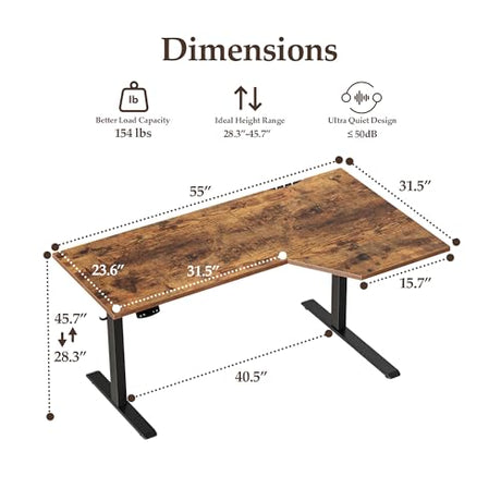 Klicelor 55 Inch L Shaped Standing Desk, Adjustable Height Corner Desk for Home Office Workstation, Sit Stand Desk with Two-Piece Desktop, Rustic Brown Klicelor
