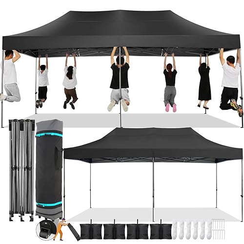 COBIZI 10x20 Pop Up Canopy Without Sidewall,Heavy Duty Canopy UPF 50+ All Season Wind Waterproof Commercial Outdoor Wedding Party Tents for Parties Canopy Gazebo with Roller Bag(10 x 20 ft Black) COBIZI