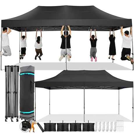COBIZI 10x20 Pop Up Canopy Without Sidewall,Heavy Duty Canopy UPF 50+ All Season Wind Waterproof Commercial Outdoor Wedding Party Tents for Parties Canopy Gazebo with Roller Bag(10 x 20 ft Black) COBIZI