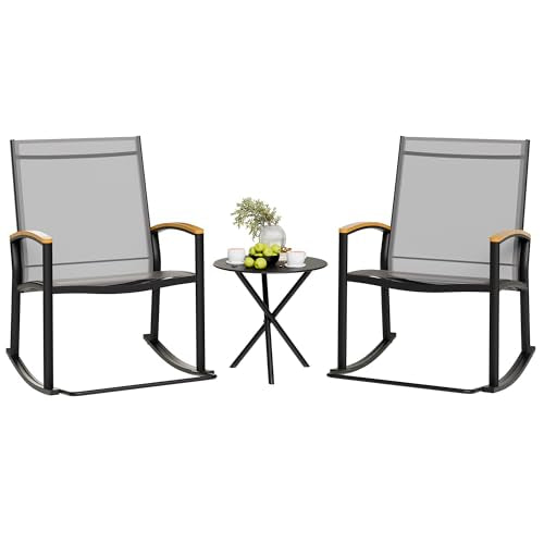 Shintenchi 3 Piece Outdoor Rocking Bistro Set, Textilene Fabric Small Patio Furniture Set, Front Porch Rocker Chairs Conversation Set with Table for Lawn, Garden, Balcony, Poolside (Light Gray) Shintenchi