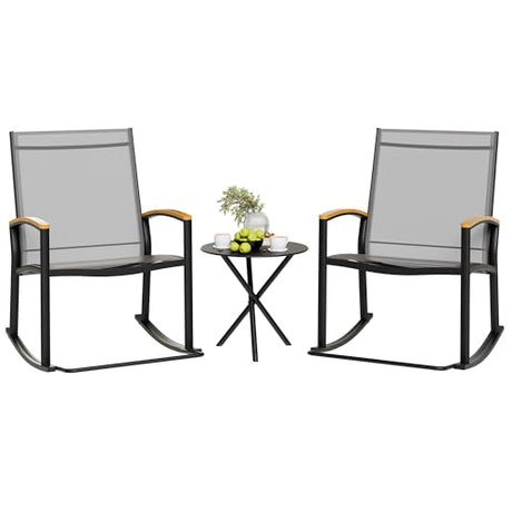 Shintenchi 3 Piece Outdoor Rocking Bistro Set, Textilene Fabric Small Patio Furniture Set, Front Porch Rocker Chairs Conversation Set with Table for Lawn, Garden, Balcony, Poolside (Light Gray) Shintenchi