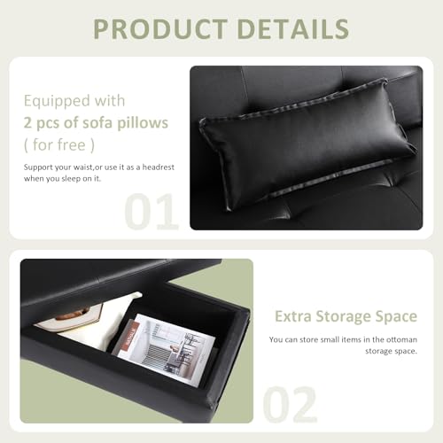 BIAOZHIKE Convertible Futon Sofa Bed with Storage Ottoman/Coffee Table, Multifunctional Folding Futon Set, Tufted Loveseat Sleeper Couch for Small Space, Bedroom, Apartment, Dorm (Black) BIAOZHIKE