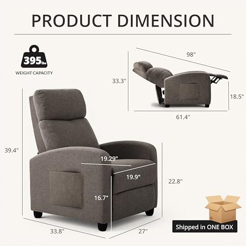 zzlay Recliner Chair for Living Room, Modern Adjustable Home Theater Seating Single Sofa Manual Push Back Armchair with Soft Linen Upholstery & High Backrest for Small Spaces, Linen-Gray