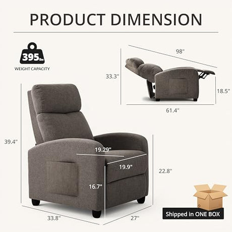 zzlay Recliner Chair for Living Room, Modern Adjustable Home Theater Seating Single Sofa Manual Push Back Armchair with Soft Linen Upholstery & High Backrest for Small Spaces, Linen-Gray zzlay