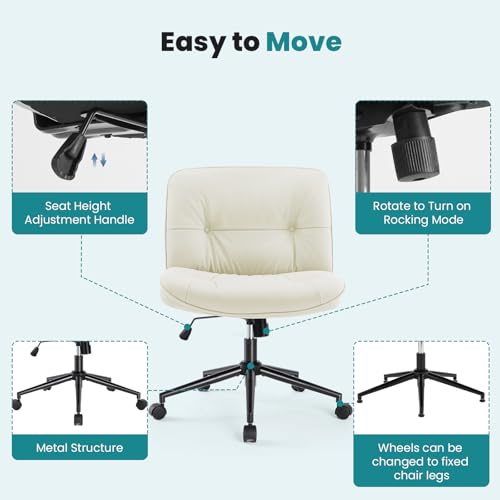 OLIXIS Criss Cross Chair with Wheels, Armless Wide Cross Legged Vanity Office Desk Chair with Comfy PU Leather& Back - Swivel for Home Office Bedroom, Beige OLIXIS