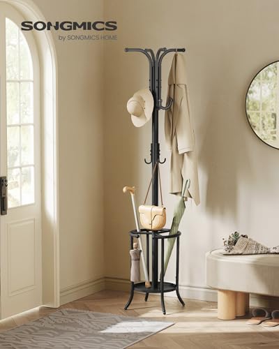 SONGMICS Coat Rack Freestanding, Coat Rack with Umbrella Holder, Metal Coat Rack Stand with 12 Hooks, for Entryway, Hallway, Living Room, Bedroom, Ink Black URCR011B01 SONGMICS