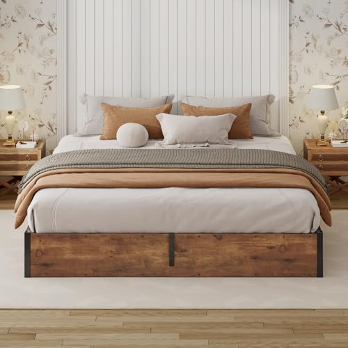 LUXOAK Lift Up Storage Bed Frame, King Size Wooden Slats Platform Bed Frame with Ample Storage Underneath, No Box Spring Needed, Noise Free, Rustic Brown LUXOAK