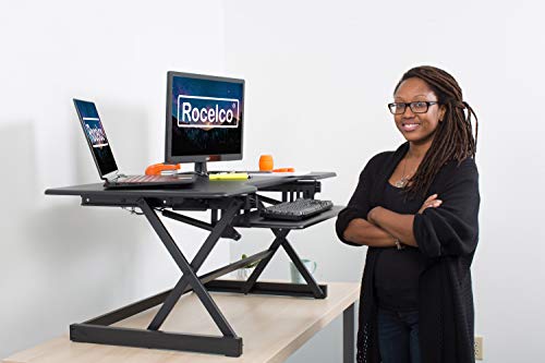 Rocelco 46" Large Height Adjustable Standing Desk Converter - Quick Sit Stand Up Triple Monitor Riser - Tall Gas Spring Assist Computer Workstation - Retractable Keyboard Tray - Black (R DADRB-46) Rocelco
