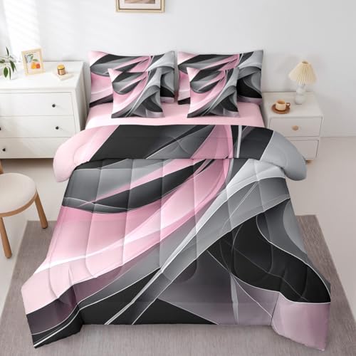 Pink Gray Black Spiral Full 7 Piece Bedding Set For Kids Teen Adults,Black Grey Abstract Stripes Geometric Bed In A Bag Modern Minimalists Swirls Comforter Set With Sheets Contemporary Art Bed Set Erosebridal