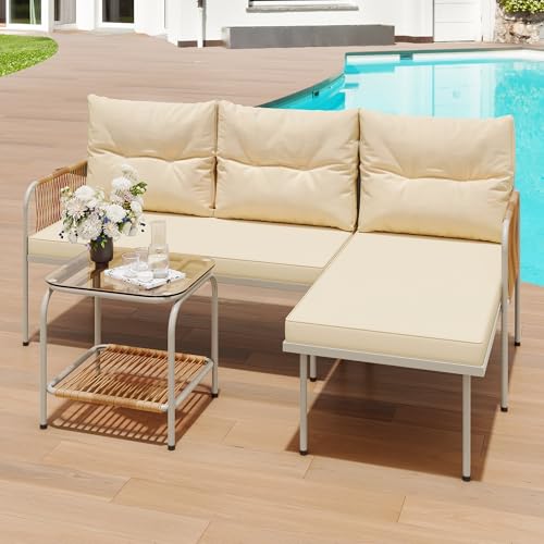 YITAHOME Patio Furniture Set, 3 Pieces Outdoor Wicker Conversation Set, All-Weather Rattan Sectional L-Shaped Sofa Detachable Lounger with Cushions and Coffee Table for Backyard, Porch, Boho  - WoodArtSupply