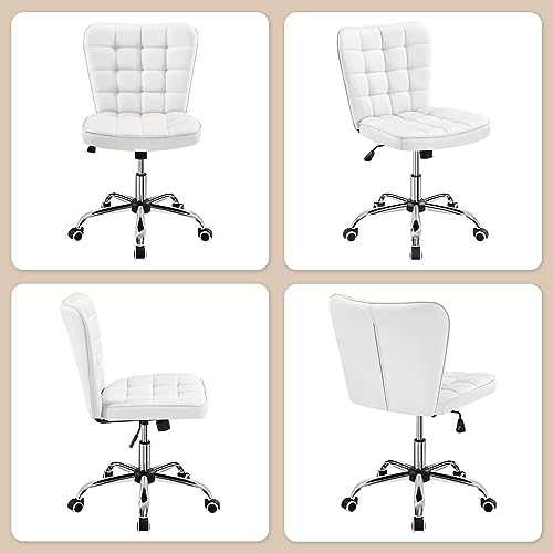 Yaheetech Armless Desk Chair Modern Tufted Office Chair Faux Leather Upholstered Computer Chair with Adjustable Seat Height and Rolling Wheels for Home/Office, White Yaheetech