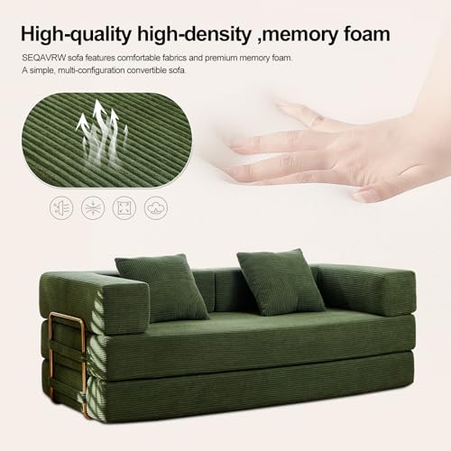 SEQAVRW 79" Boneless Sofa Bed, 5-in-1 No-Assembly Convertible Sleeper Couch with Fixed Frame Armrests, Modular Corduroy Futon, Compressed in a Box for Space Saving (Green, Includes 2 Pillows) SEQAVRW