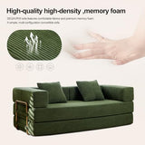SEQAVRW 79" Boneless Sofa Bed, 5-in-1 No-Assembly Convertible Sleeper Couch with Fixed Frame Armrests, Modular Corduroy Futon, Compressed in a Box for Space Saving (Green, Includes 2 Pillows) SEQAVRW