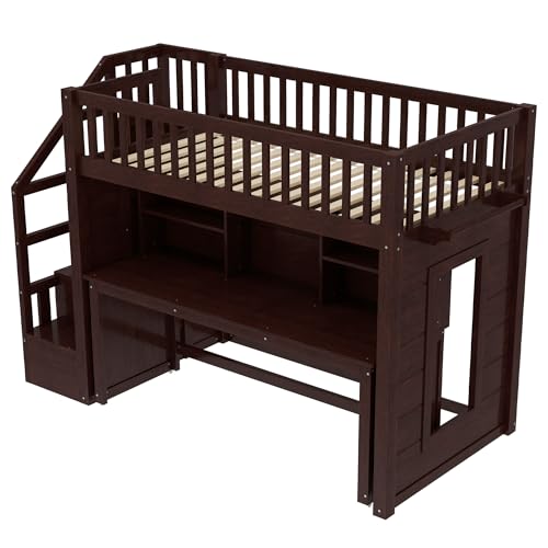 Harper & Bright Designs Twin Size Loft Bed with Stairs, Solid Wood Loft Bed with Movable Desk, Featuring Storage Stairs and Storage Shelf, for Teens Adults (Espresso) Harper & Bright Designs