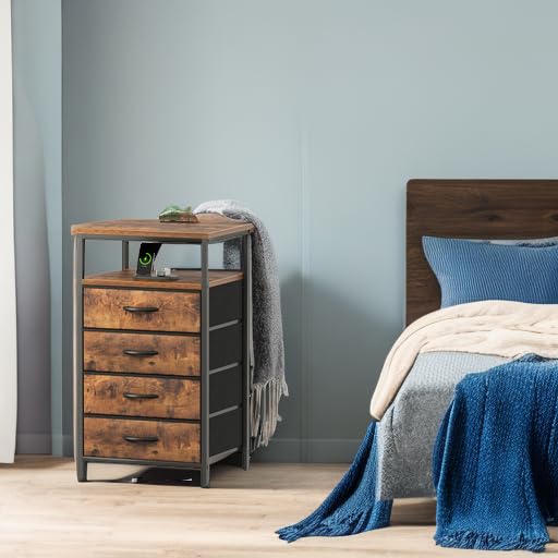 Huuger Night Stand with Charging Station, 4 Drawer Dresser for Bedroom, Bedside Table, 33.9 Inch Tall Nightstand with Open Shelf, End Table, for Closet, Entryway, Bedroom, Rustic Brown Huuger