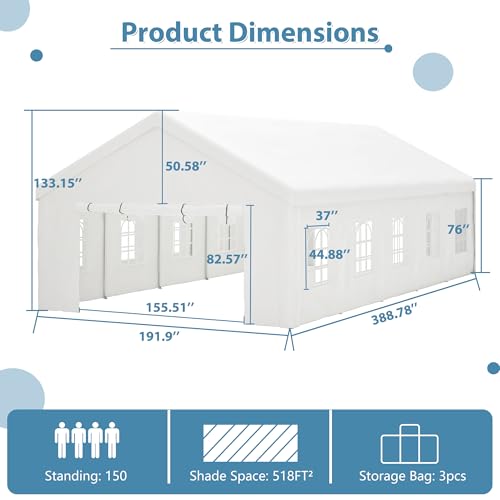 KEIKI 16X32ft Party Tent Heavy Duty, Outdoor Canopy Tent Carport Wedding Event Shelter BBQ Wedding Tents for Parties with Storage Bags & Removable Sidewall for Parties Carport Camping Garden Patio KEIKI