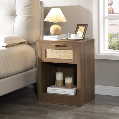 OAKHAM HOME Nightstand Set of 2, Rattan Night Stand with Type-C Charging Station, Bedside Table with Drawer, Boho Bed Side Table End Table Accent Table for Bedroom Living Room (Special Walnut - WoodArtSupply