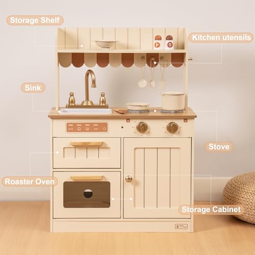 ROBUD Wooden Play Kitchen Set for Kids, Pretend Play Kitchen Toy Set with Golden Faucet, Sink, Oven, Stove, Cabinet, Vintage Style, Gift for Boys & Girls, Ages 3+ ROBUD