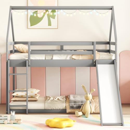 MERITLINE Twin Over Twin House Bunk Beds with Slide, Low Floor Bunk Bed for Kids, Girls, Boys,Grey MERITLINE