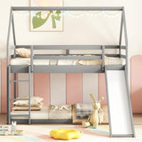 MERITLINE Twin Over Twin House Bunk Beds with Slide, Low Floor Bunk Bed for Kids, Girls, Boys,Grey MERITLINE