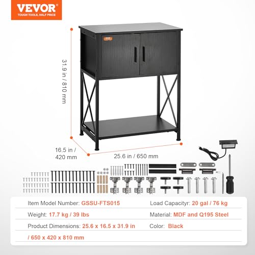 VEVOR Aquarium Stand, 20 Gallon Fish Tank Stand, 25.6 x 16.5 x 31.9 in Steel and MDF Turtle Tank Stand, 167.6 lbs Load Capacity, Reptile Tank Stand with Storage Cabinet and Embedded Power Panel, Black