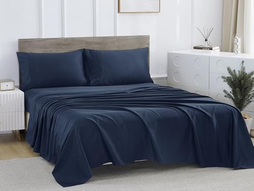 Shunjie.Home 100% Cotton Full Bed Sheets Set - 600 Thread Count Sateen - 4 Piece Bed Sheet Set, Deep Pocket with All Around Elastic, Breathable & Durable Hotel Luxury Bedding - Navy Blue Shunjie.Home