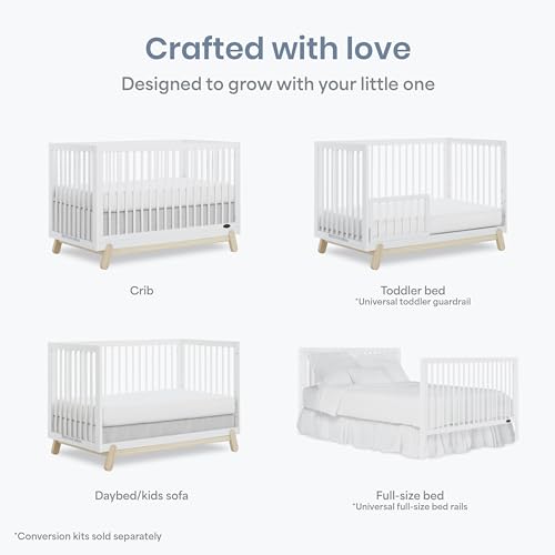 Dream On Me Hygge 5-in-1 Convertible Full-Size Baby Crib in Vintage White Oak, GreenGuard Gold & BSA, Converts to Toddler, Day & Full-Size Bed, Adjustable Mattress Heights, Modern Nursery