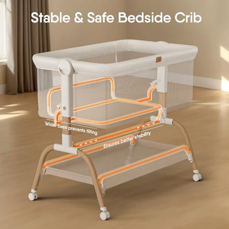 Baby Bassinet Bedside Crib, 3-in-1 Baby Bassinet Bedside Sleeper with Mattress and Soft, Breathable Sheet, Full-Mesh Sides, 6-Height Adjustable, Stable and Secure Crib for Newborns BabyBond