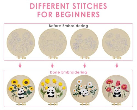 TINDTOP 4 Sets Embroidery Kit for Adult, Panda Embroidery Practice Kits for Beginners Include Embroidery Cloth Hoops Threads for Craft Lover Hand Stitch with Embroidery Skill Techniques TINDTOP