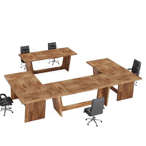 Tribesigns 14-16 People Conference Table, 12 FT Large Rectangular Meeting Seminar Table, Modern Solid Executive Office Business Furniture Boardroom Desk for Office (Set of 4, Light Brown) Tribesigns