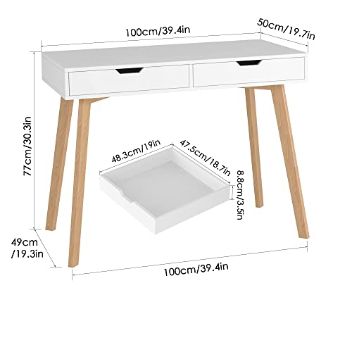 FOTOSOK White Computer Writing Desk with 2 Drawers, Small Desk Makeup Vanity Table Wood Desk with 4 Oak Legs, Modern Home Office Desk Console Study - WoodArtSupply