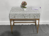 Bone Inlay Console Table with Gold Base, Gray and White Floral Pattern, 3 Drawers, Handcrafted Traditional Design Generic
