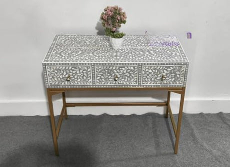 Bone Inlay Console Table with Gold Base, Gray and White Floral Pattern, 3 Drawers, Handcrafted Traditional Design Generic