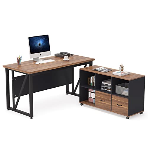 Tribesigns 55 inches Executive Desk and 43" lateral File Cabinet, L-Shaped Computer Desk Home Office Furniture with Drawers and Storage Shelves, Office Table with Cabinet (Walnut, 55) - WoodArtSupply