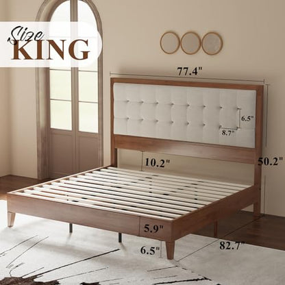 Jocisland King Size Wood Platform Bed Frame with Upholstered Tufted Headboard in Ash Gray - WoodArtSupply