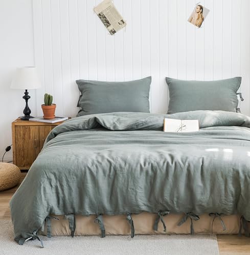 Simple&Opulence 100% Linen Duvet Cover Set, 3 Pieces Belgian Flax Breathable Bedding, King Size 104''x92'' (1 Comforter Cover+2 Pillowshams) with Tie Closure Style,Greyish-Green Simple&Opulence
