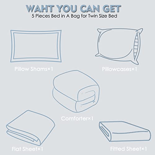 Furnishh 5 Pieces Comforter Set Twin Bed in a Bag, Reversible Bed Set with Comforter, Flat Sheet, Fitted Sheet, Pillowcase & Sham, Navy Blue and Grey Twin Size Bedding Sets for Boys, Girls Furnishh