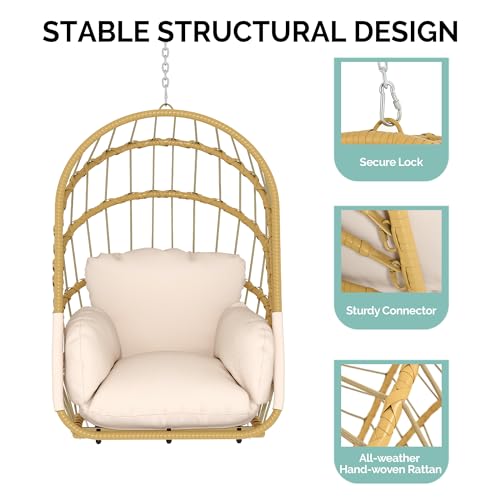 YITAHOME Hanging Egg Chair Without Stand, Rattan Wicker Swing Egg Chair with Light String & Resistant Cushion, 350lbs Capacity, Foldable Hanging Basket Chair for Porch, Garden, Balcony - Beige YITAHOME