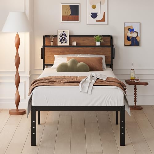 Maenizi 16 Inch Twin Bed Frames with Wood Headboard, Storage Bed Frame Twin No Box Spring Needed, Noise Free, Mahogany Maenizi