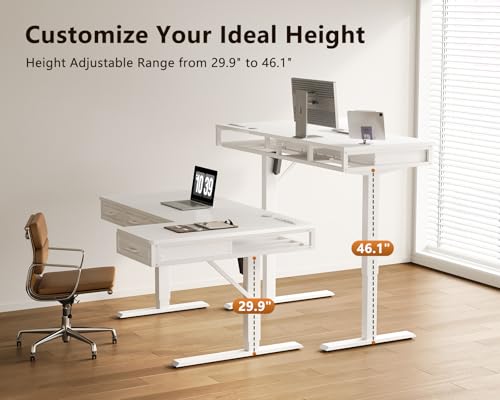 OffiGo L Shaped Electric Standing Desk with Wooden Drawers, 55 Inch Height Adjustable Corner Workstation with Power Outlets, Sit Stand Table for Home, Office, White OffiGo