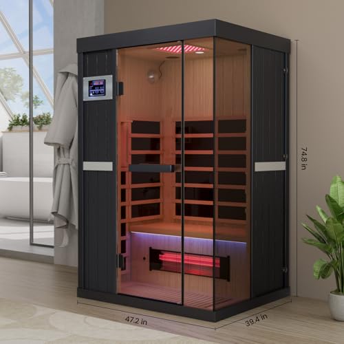 DAIMOT 2-Person Full Spectrum Sauna, 1990W 120V with 12"*12" Red Light Therapy, 2 Speakers, Indoor Dry Sauna for Home & Gym, Canadian Hemlock Wood DAIMOT