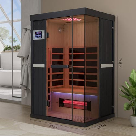 DAIMOT 2-Person Full Spectrum Sauna, 1990W 120V with 12"*12" Red Light Therapy, 2 Speakers, Indoor Dry Sauna for Home & Gym, Canadian Hemlock Wood DAIMOT