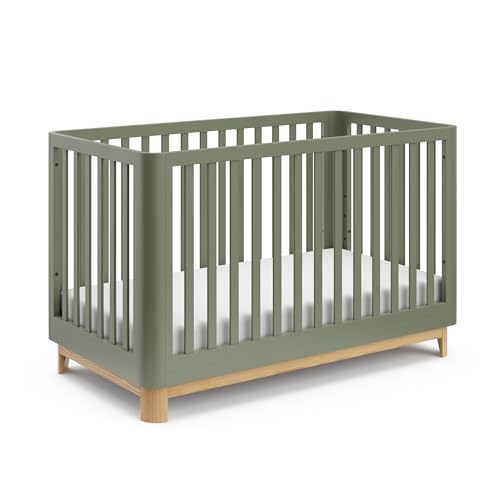 Storkcraft Santos 3-in-1 Convertible Crib (Olive with Natural) – GREENGUARD Gold Certified, Fits Standard Crib Mattress, Converts to Toddler Bed and Daybed, Rounded Details, Designer Edition