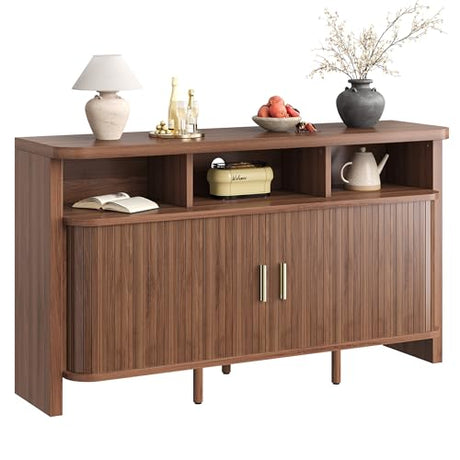 IRONCK 55" Sideboard Buffet Cabinet with Storage, Fluted Credenza with Sliding Door & Open Shelf, Mid Century Modern Accent Coffee Bar Console Table for Kitchen, Living Room, Entryway, Walnut IRONCK
