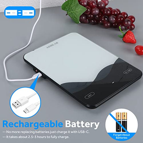AIMILAR Digital Kitchen Scale 22lb/10kg USB-C Rechargeable, Tempered Glass Top Easy Clean, LED Touch Screen No Buttons, Auto Shut Off AIMILAR