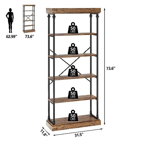 IDEALHOUSE Rustic 6-Tier Industrial Bookshelf with Metal Frame for Stylish Storage and Display - WoodArtSupply